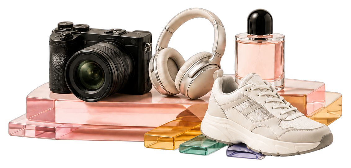 A camera, headphones, perfume, and sneaker stacked on chromatic glass